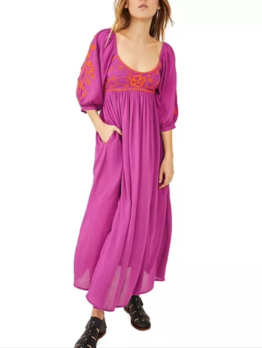 Free People Wedgewood Maxi Dress Purple With‎ Orange Embroidery